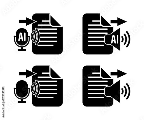 Set of four black and white icons illustrating artificial intelligence powered voice processing, including input and output