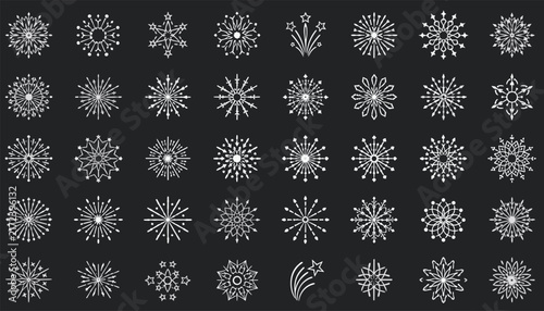 Collection of forty hand drawn white starbursts, fireworks, and snowflakes on a dark charcoal grey background.