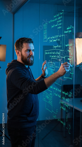 Obraz na płótnie Coding Instructor Explaining Algorithm on Transparent Glass Screen 