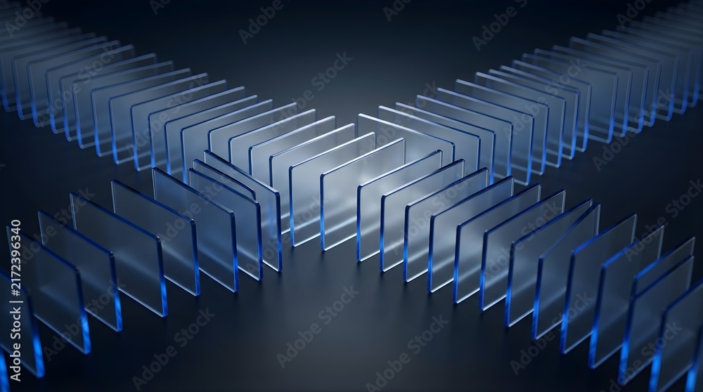 Fototapeta premium Blue translucent glass plates arranged in intersecting rows on dark floor