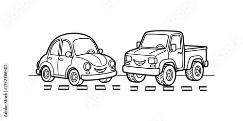 A simple black and white line art illustration featuring a small car and a pickup truck driving