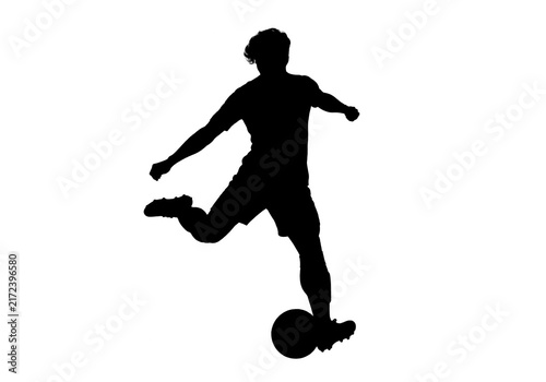 Konstfotografi Dynamic black silhouette of a football player kicking a soccer ball, isolated on a clean white background, representing sports, football, soccer, athletic movement, training, action, and competition