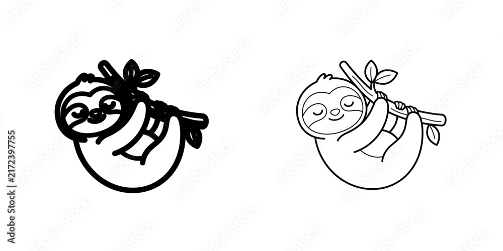 Naklejka premium Cute cartoon sloth hanging on a tree branch black and white line art illustration for coloring book