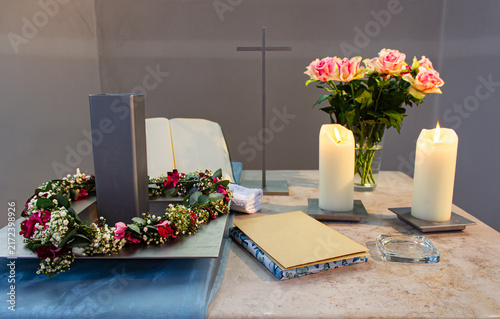 Obraz na płótnie A detailed wide angle interior lifestyle photograph showing a christian church a