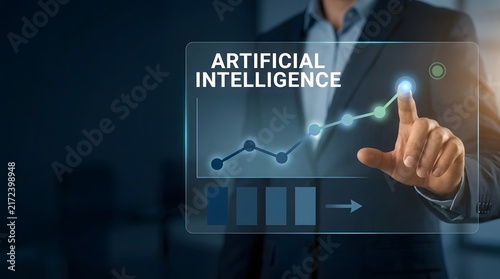 Obraz na płótnie Man interacting with artificial intelligence interface on a transparent screen