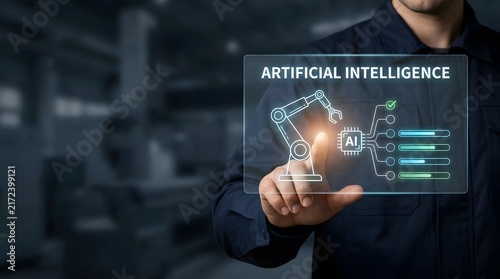 Obraz na płótnie Man interacting with digital artificial intelligence interface displaying brain network