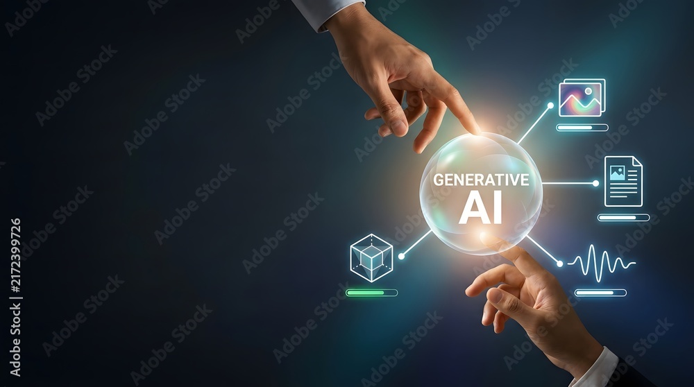 Obraz premium Hands reaching towards glowing artificial intelligence sphere with digital connections