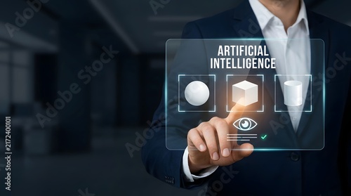 Obraz na płótnie Businessperson interacting with artificial intelligence interface in modern office setting