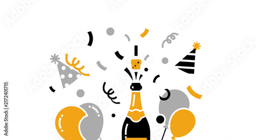 Champagne Bottle and Party Decorations.
