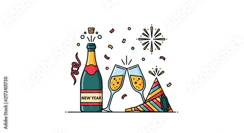 Champagne bottle and party glasses.