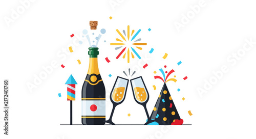 Champagne bottle and party glasses.