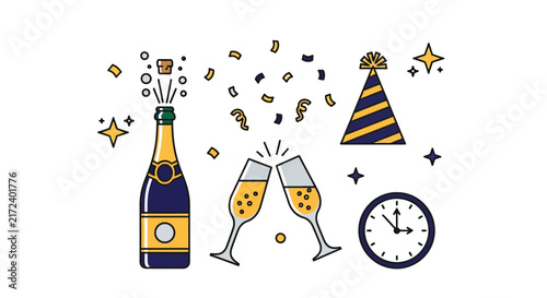Champagne bottle and party glasses.