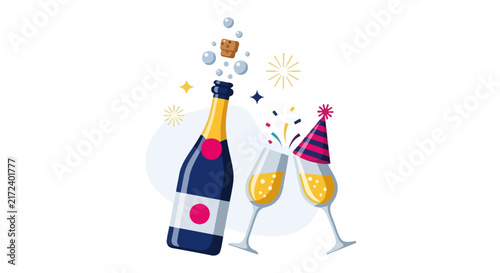 Champagne Bottle and Party Glasses.