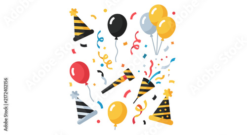 Colorful balloons and party hats celebration.
