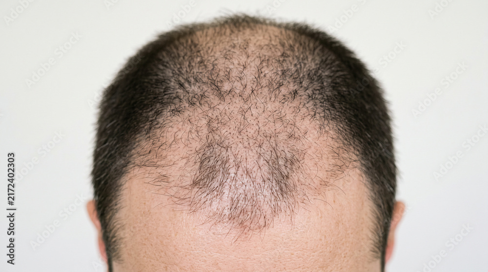 Fototapeta premium Close-Up View of Male Scalp Demonstrating Advanced Androgenetic Alopecia with Hair Thinning and Receding Hairline
