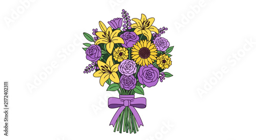 Colorful bouquet of flowers tied together.
