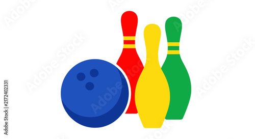 Colorful bowling ball and pins.