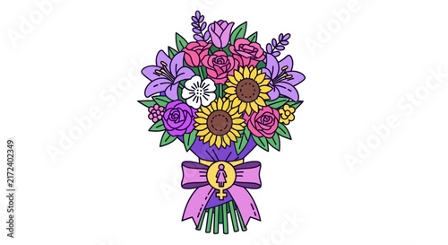 Colorful bouquet of flowers with ribbon.