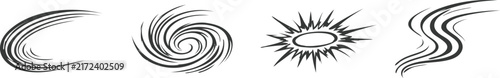 Set of four black and white featuring swirling vortexes, radial starbursts, and flowing wavy motion lines on a white background