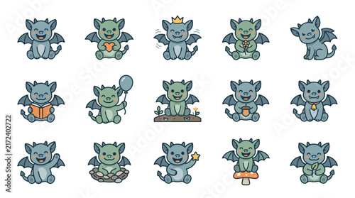 Adorable Cartoon Baby Gargoyles Collection with Various Poses and Cute Expressions.