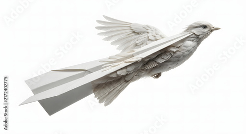 White paper bird emerging from paper airplane conceptual 3D illustration.