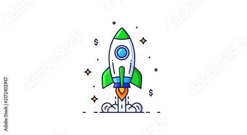 Colorful Cartoon Rocket Ship Blasting.