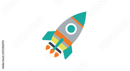 Colorful cartoon rocket ship blasting.