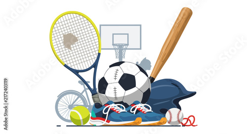 Collection of sports equipment and gear.