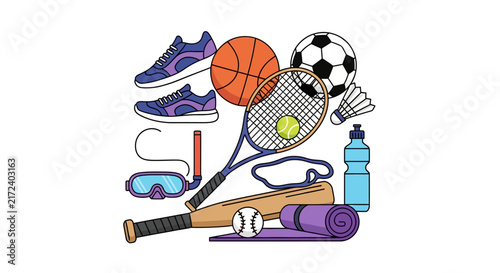 Collection of sports equipment and gear.