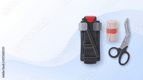 Tactical Tourniquet Kit with Trauma Shears Positioned on the Right with Large Copy Space