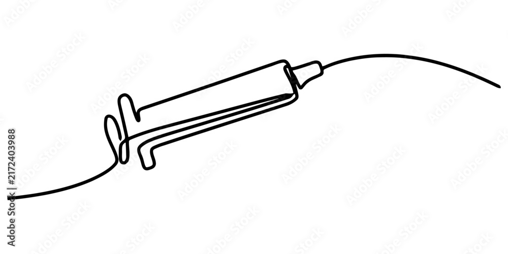 Fototapeta premium Minimalist continuous line art of a medical syringe with a needle, depicting health, vaccination, injection, and healthcare concepts.