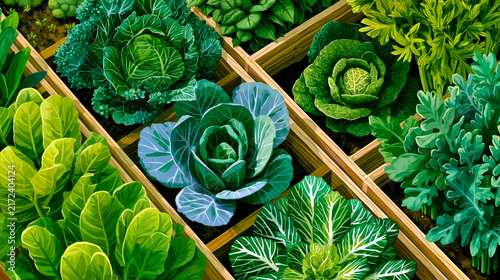 A vibrant and colorful illustration of various types of leafy greens including lettuce kale and spinach arranged in wooden crates