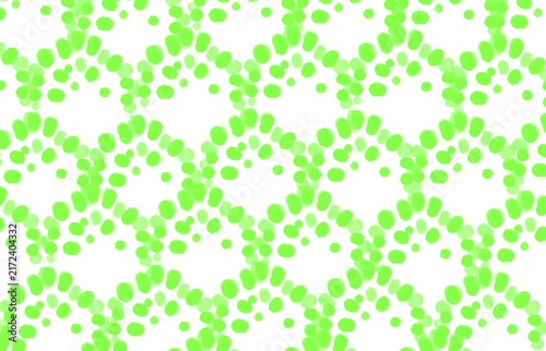Green pattern dots create a vibrant abstract geometric background
