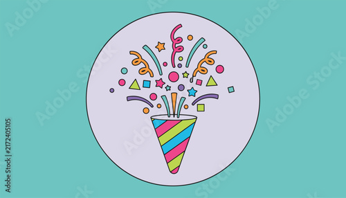 Colorful party popper icon with exploding confetti and stars inside a lavender circle on a turquoise background.