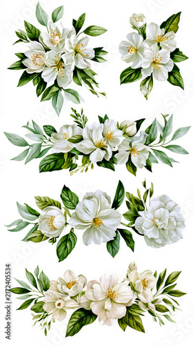 A digital illustration of a floral design featuring white flowers with yellow centers green leaves and stems arranged in a symmetrical pattern