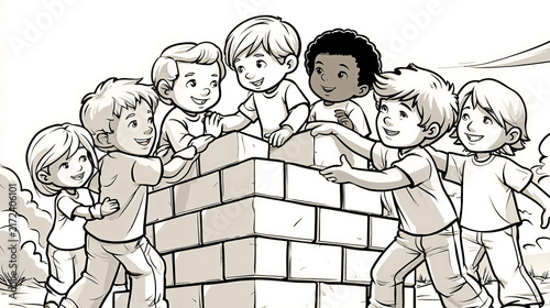 A group of children are playing with a stack of blocks