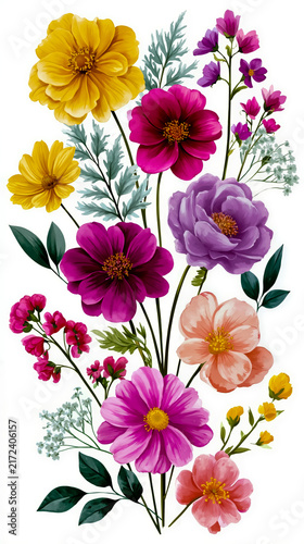 A colorful illustration of a bouquet of flowers with various shapes sizes and colors