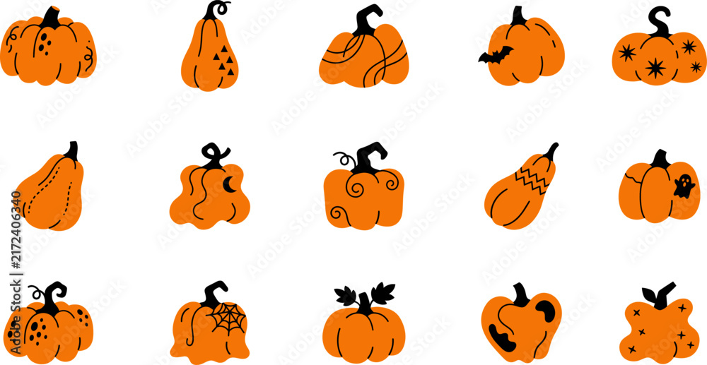 Fototapeta premium Set of various hand drawn orange pumpkins isolated on white background for autumn and halloween design elements