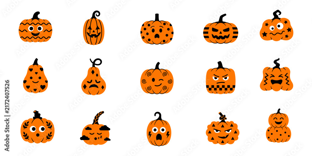 Fototapeta premium Halloween Pumpkin Seamless Pattern with Spooky Jack-o-Lantern Faces, Orange Autumn Holiday Decoration, Scary Cartoon Vector Background for October Celebration