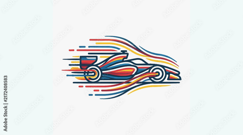 Fototapeta premium Modern Formula 1 racing car vector illustration featuring aerodynamic side profile with vibrant red, yellow, and blue motion lines depicting speed and airflow on a clean white background.