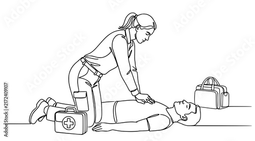 Woman Performing CPR Chest Compressions World First Aid Day One Line Vector Illustration
