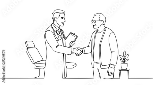 Doctor and Elderly Patient Handshake Safe Medical Care Patient Safety One Line Vector