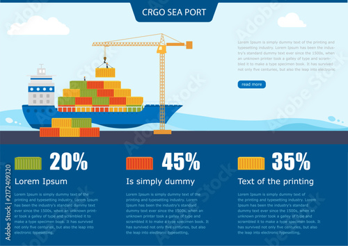Cargo ship sails to port for loading or unloading. infographics or poster Sea Port. worldwide cargo delivery by water. Industrial sea port cargo logistics container.
