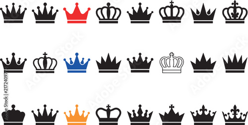 Bild auf Leinwand Collection of black, red, blue, and orange crown and symbols arranged in rows on