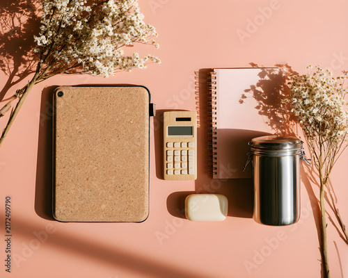 Cork Bamboo Calculator Notebook and Reusable Supplies Surround Eco Student Tablet Bundle across Light Coral Learning Tabletop