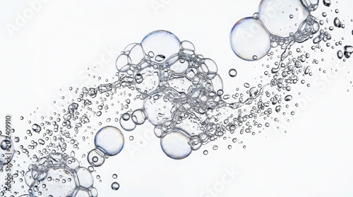 Flowing stream of transparent cosmetic bubbles and liquid droplets with white background fluid dynamics liquid drops cosmetic product serum flow bubble stream skin care beauty treatment