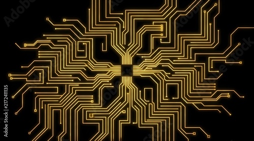 Obraz na płótnie Golden digital circuit board pattern with central processor on black background