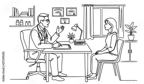 Medical Doctor and Patient Consultation Continuous Line Vector