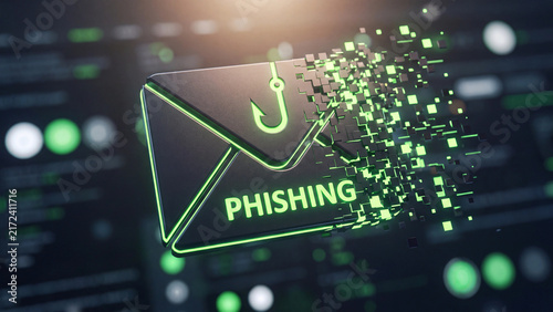 Phishing attack represented by a digital envelope dissolving into green pixels against a dark cyber security background.