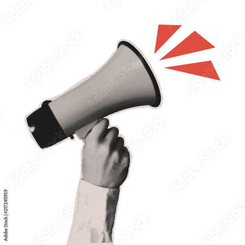 Halftone megaphone collage element. Pop art texture paper cut out hand in shirt hold loudspeaker. Vintage sticker business announcement element. Trendy mixed media vector illustration.
